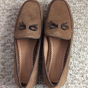 Lands End Brown Suede Loafers with Bow Detail And Leather Piping